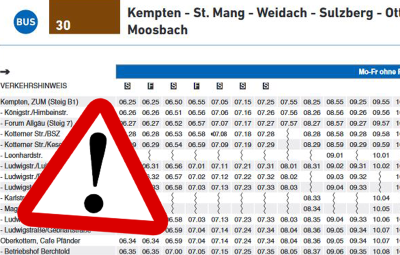 Notfallfahrplan für die Linie 30 Kempten - Sulzberg