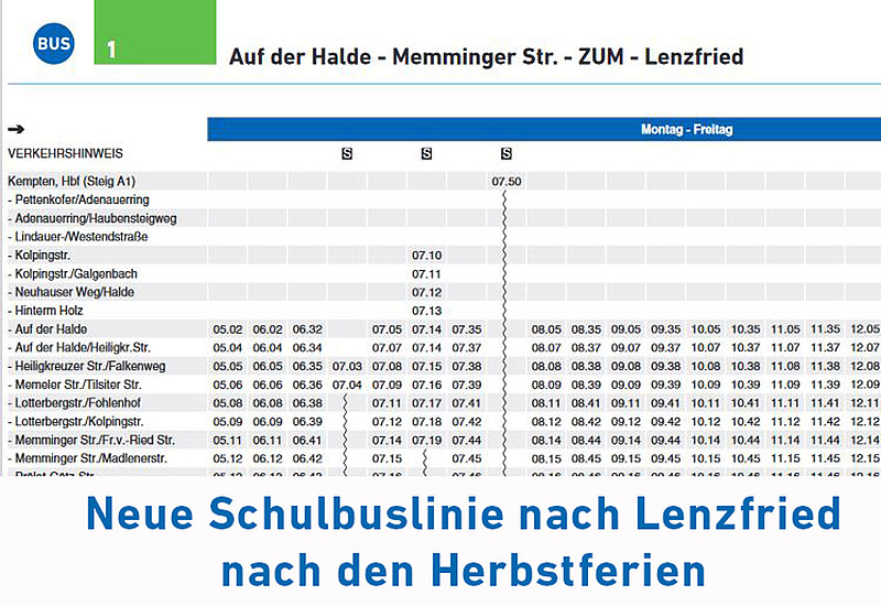 Schulbuslinie 1 nach Lenzfried ab 09.11